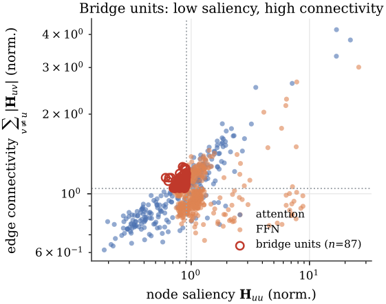 Bridge units: low saliency, high connectivity