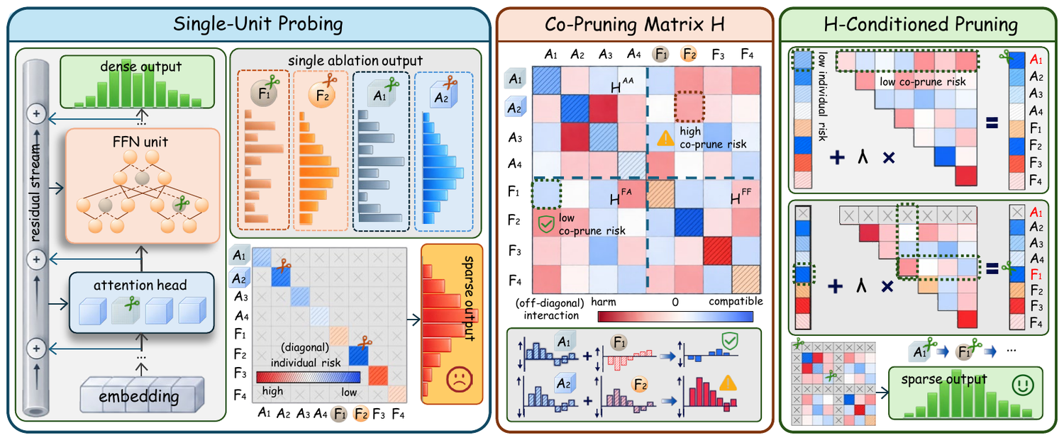 CoCurve overview: single-unit probing, co-pruning matrix H, H-conditioned pruning